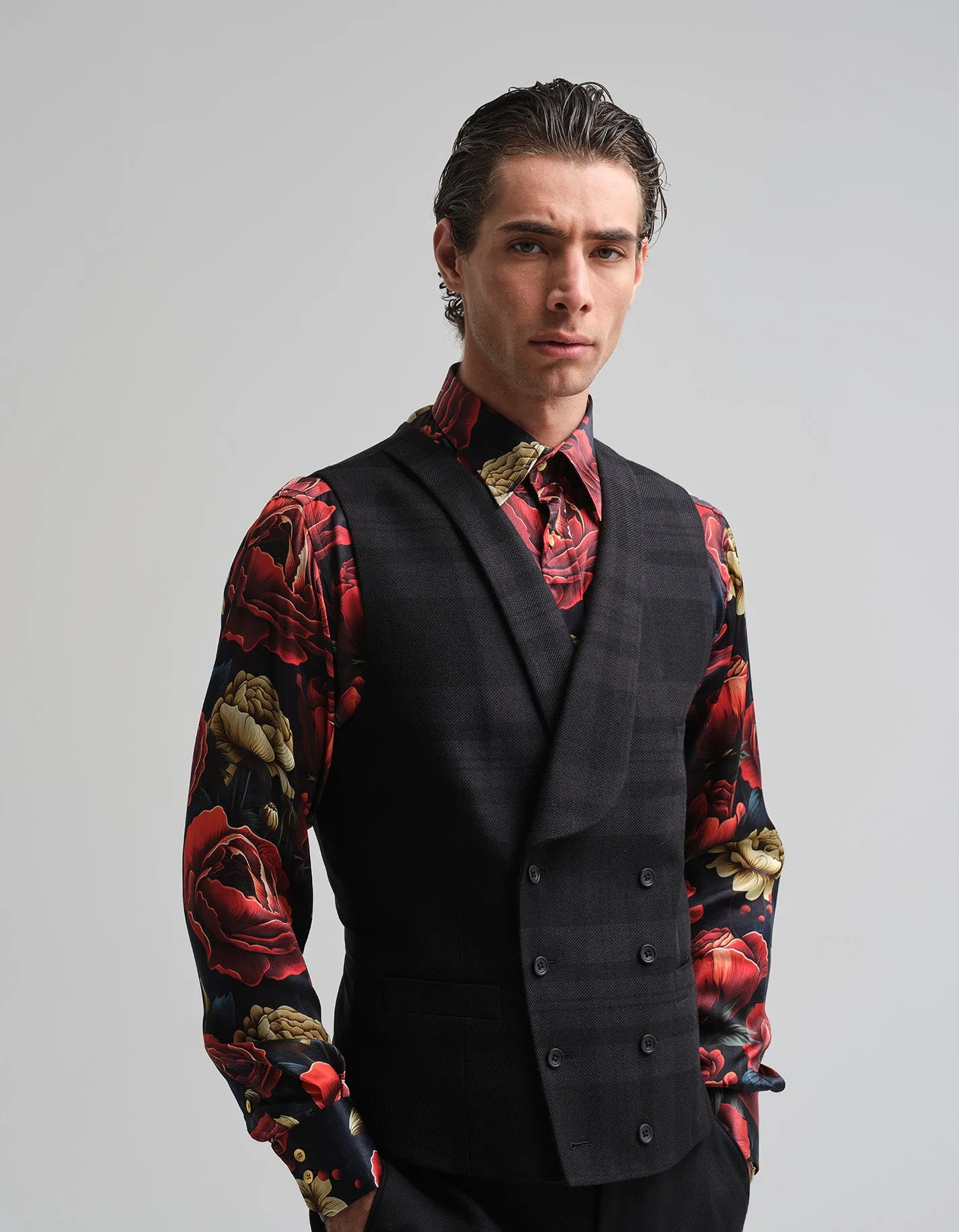 Tonal Black Tartan Waistcoat GOLD