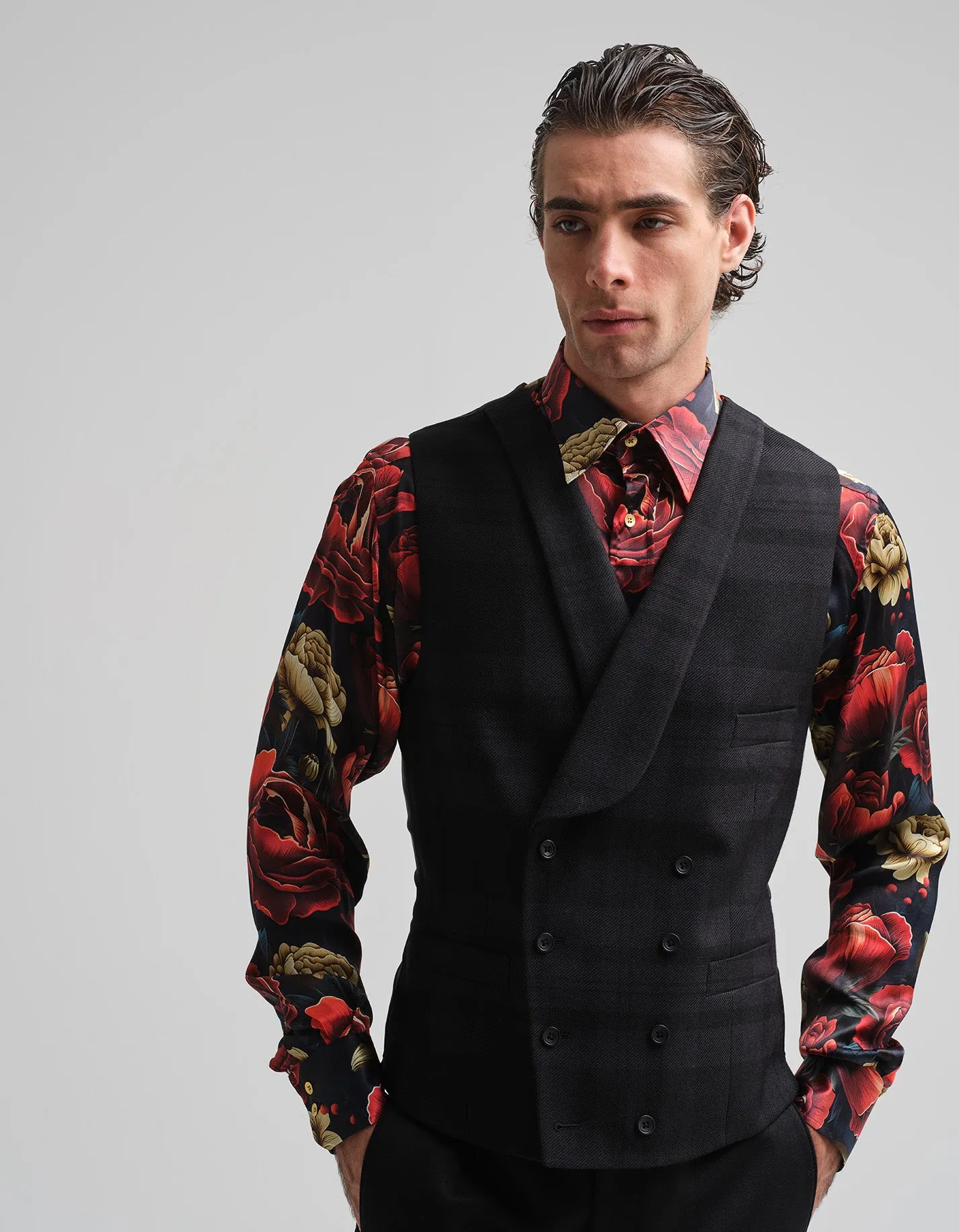 Tonal Black Tartan Waistcoat GOLD