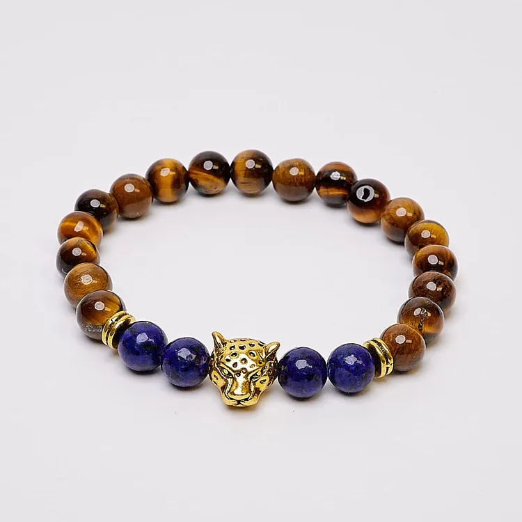 Unisex 8mm Tiger's Eye Gemstone Beaded Bracelet with Leopard Detail