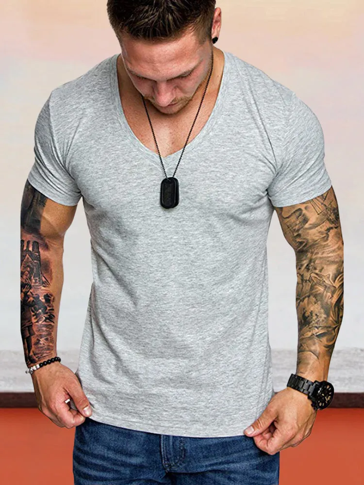 V-neck Solid Color Workout T-Shirts