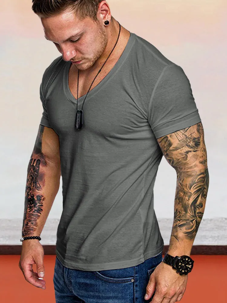 V-neck Solid Color Workout T-Shirts