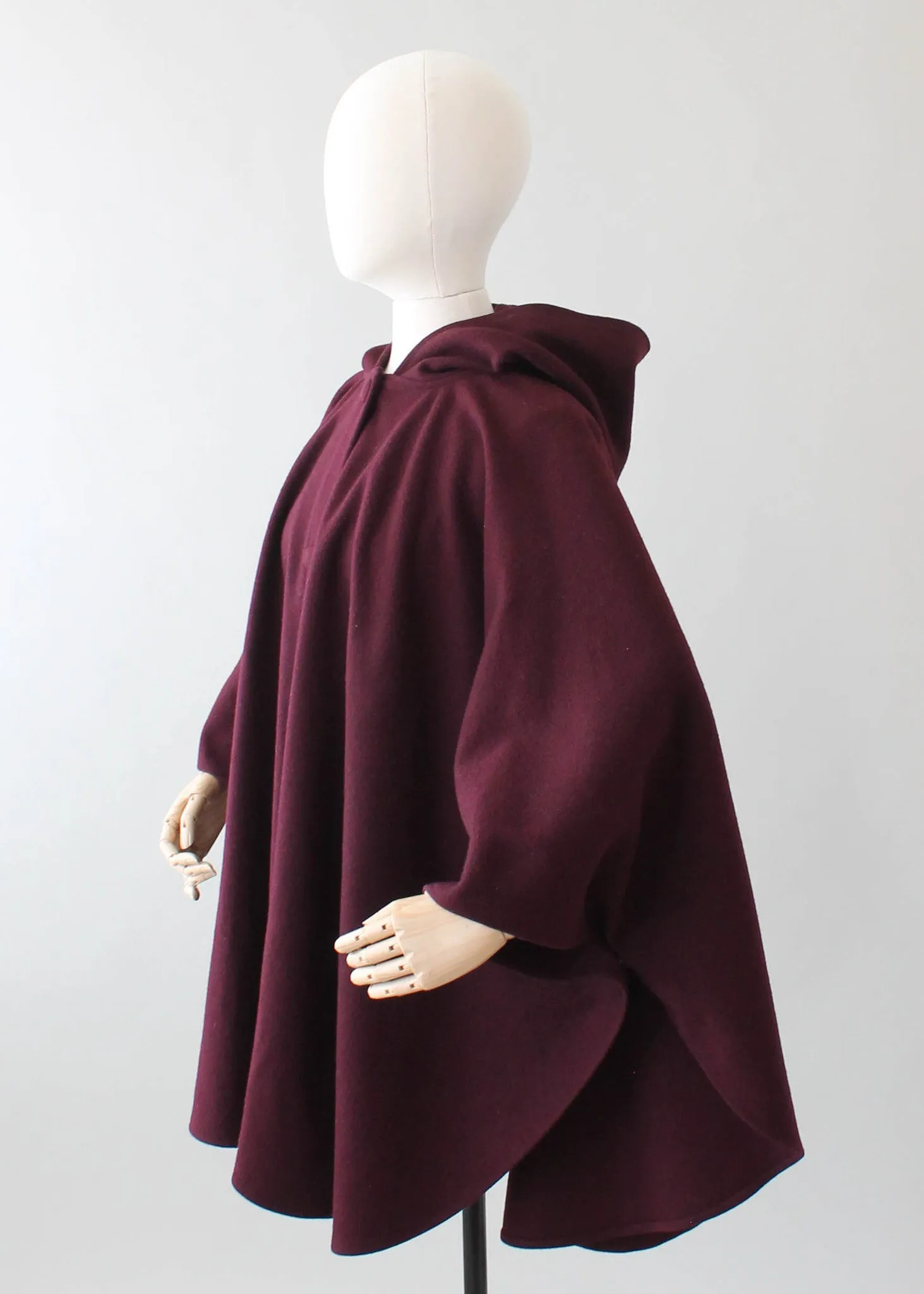 Vintage 1970s Plum Wool Hooded Poncho Cape