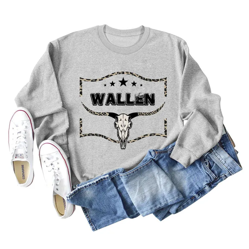 WALLEN Cow Head Leopard Letter Loose Long Sleeve Oversized Sweater