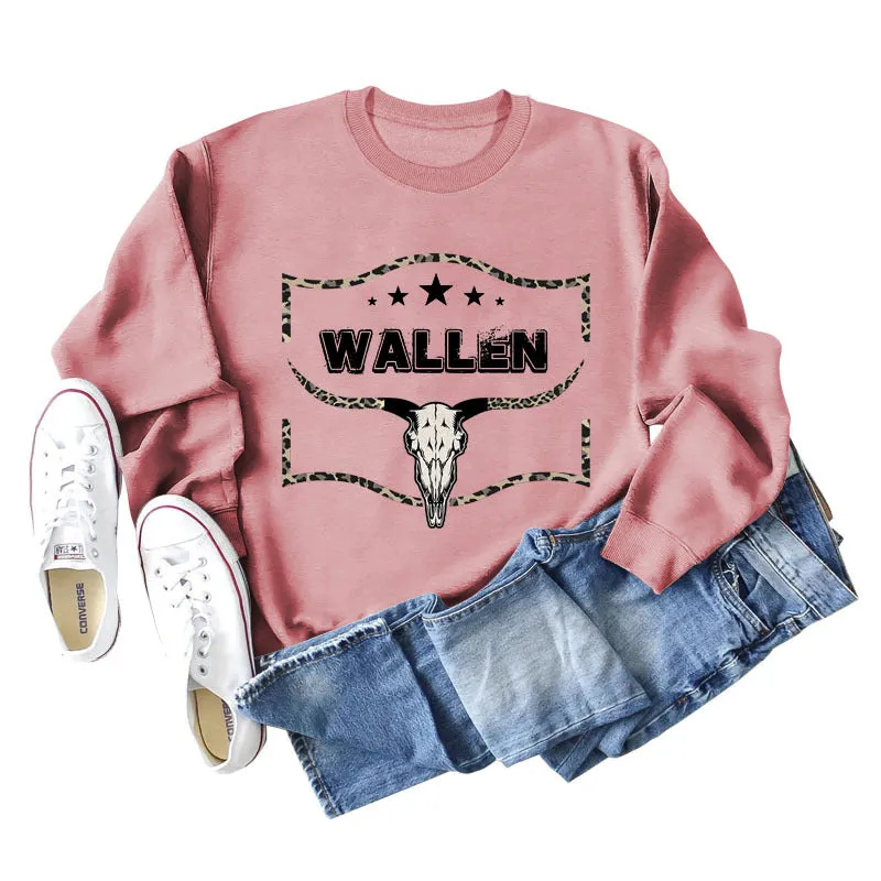 WALLEN Cow Head Leopard Letter Loose Long Sleeve Oversized Sweater