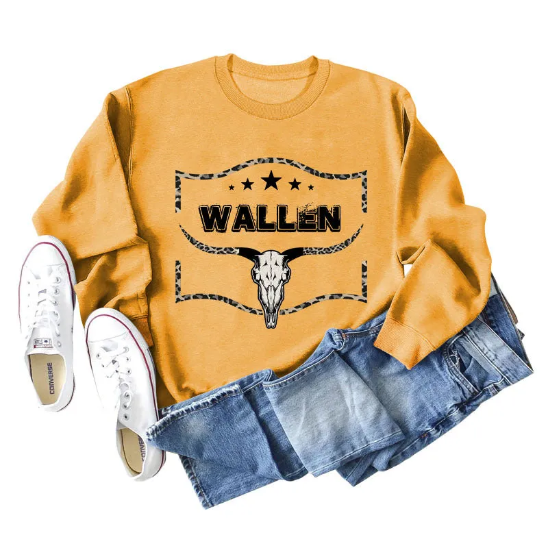 WALLEN Cow Head Leopard Letter Loose Long Sleeve Oversized Sweater