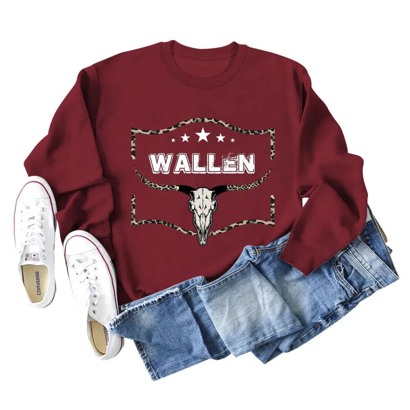 WALLEN Cow Head Leopard Letter Loose Long Sleeve Oversized Sweater