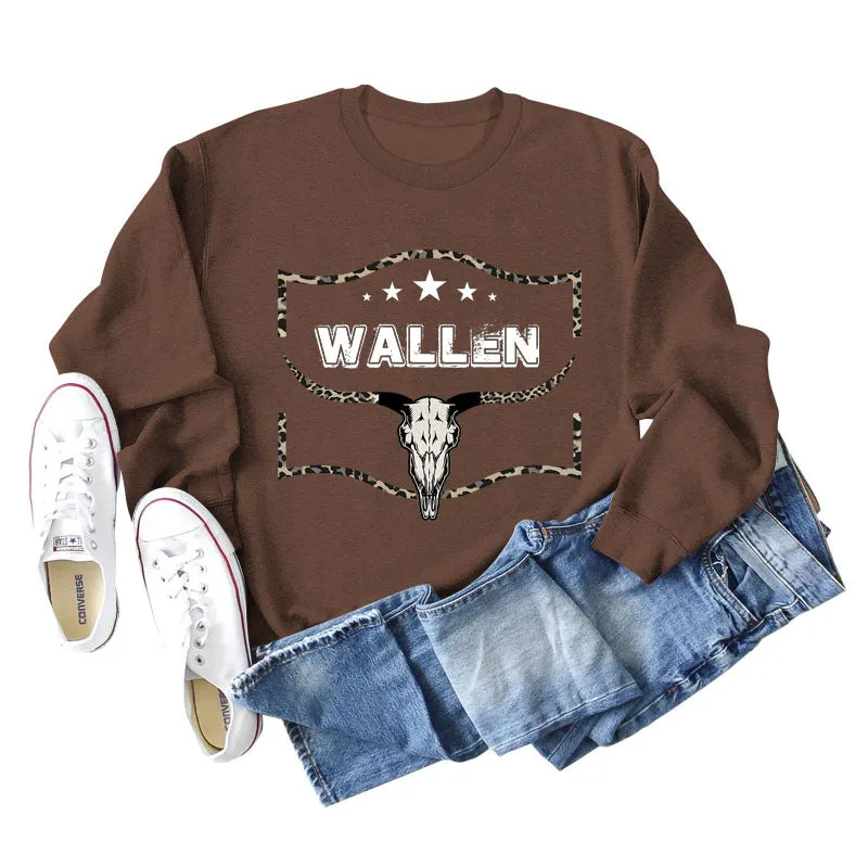 WALLEN Cow Head Leopard Letter Loose Long Sleeve Oversized Sweater