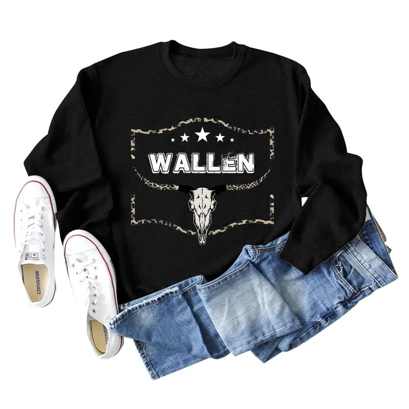 WALLEN Cow Head Leopard Letter Loose Long Sleeve Oversized Sweater