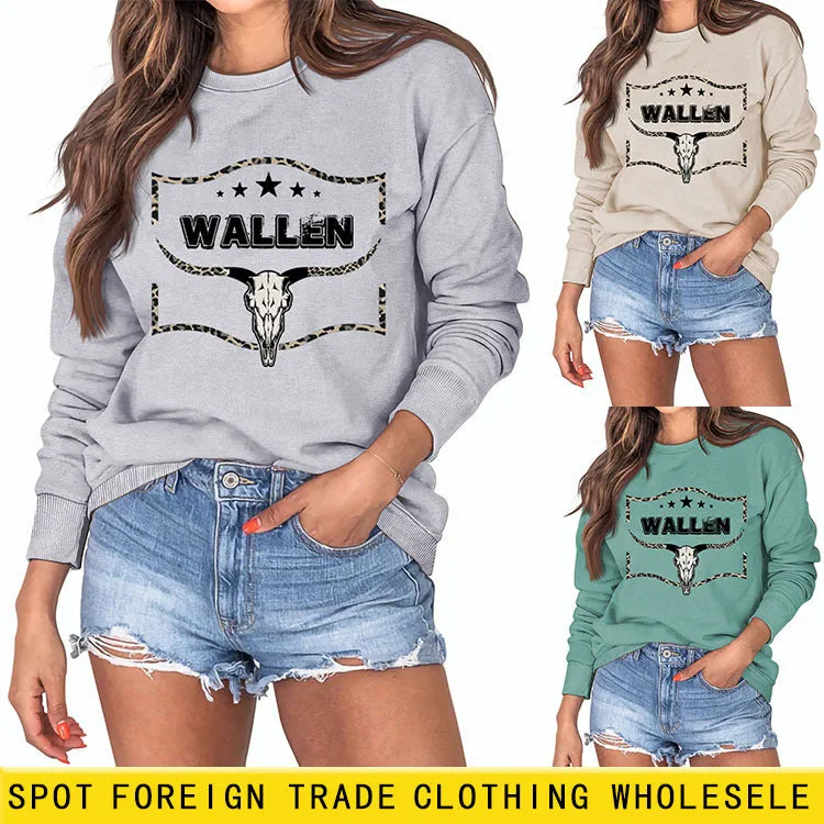 WALLEN Cow Head Leopard Letter Loose Long Sleeve Oversized Sweater