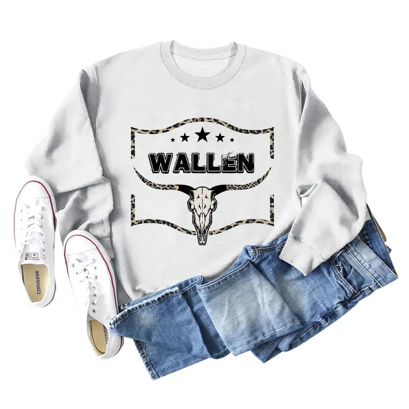 WALLEN Cow Head Leopard Letter Loose Long Sleeve Oversized Sweater