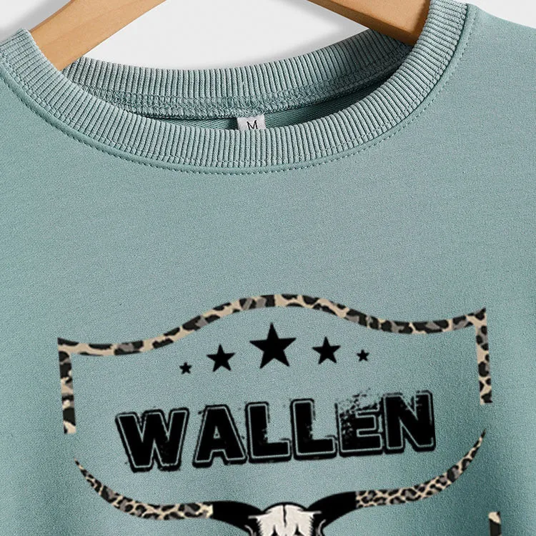 WALLEN Cow Head Leopard Letter Loose Long Sleeve Oversized Sweater