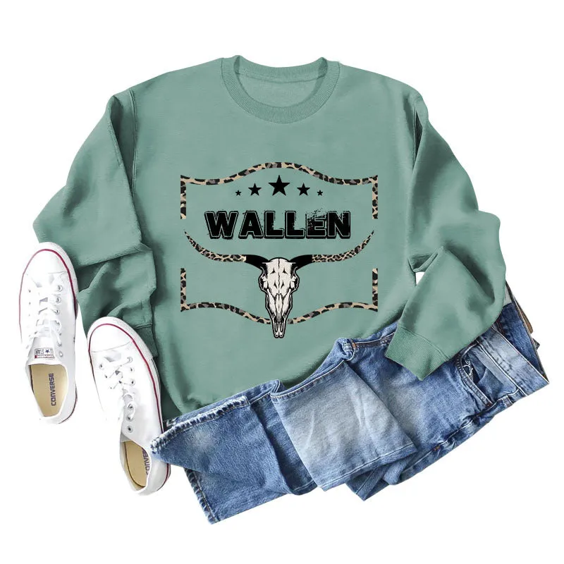 WALLEN Cow Head Leopard Letter Loose Long Sleeve Oversized Sweater