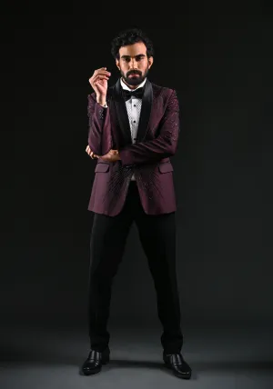 Wine Cutdana Work Wedding Tuxedo Suits for Men