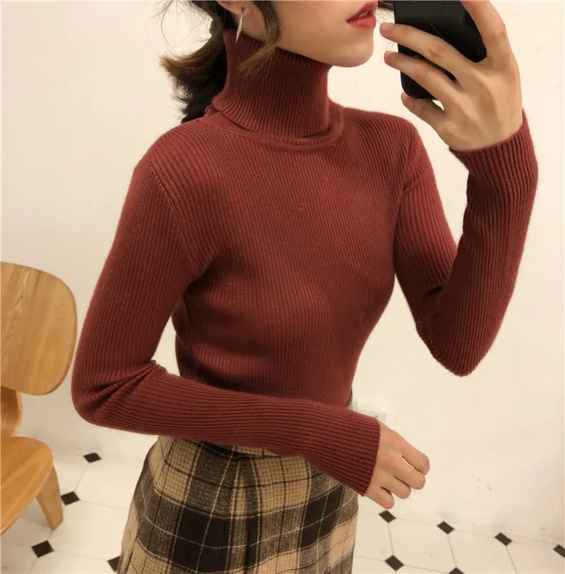 Women Turtleneck Sweaters Slim Pullover Women Basic Tops Casual Soft Knit Sweater Soft Warm Jumper