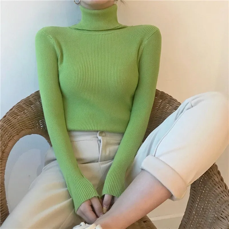 Women Turtleneck Sweaters Slim Pullover Women Basic Tops Casual Soft Knit Sweater Soft Warm Jumper