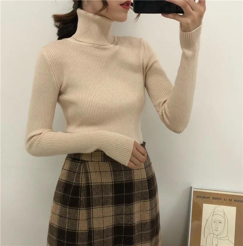 Women Turtleneck Sweaters Slim Pullover Women Basic Tops Casual Soft Knit Sweater Soft Warm Jumper