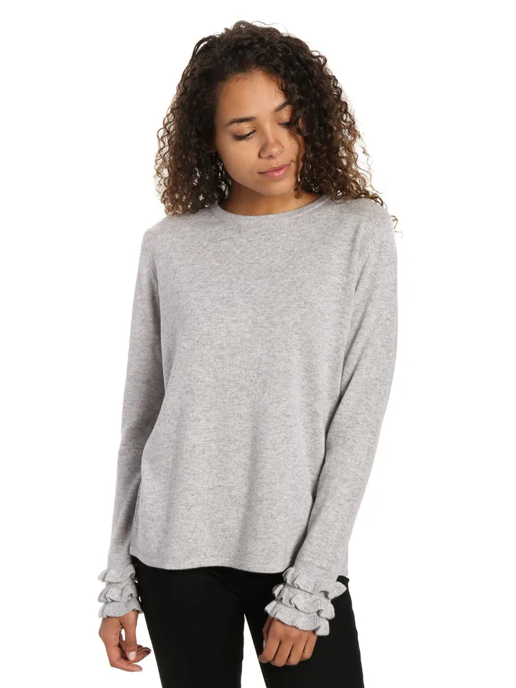 Women's 100% Cashmere Crew Neck Sweater with Ruffle Sleeve