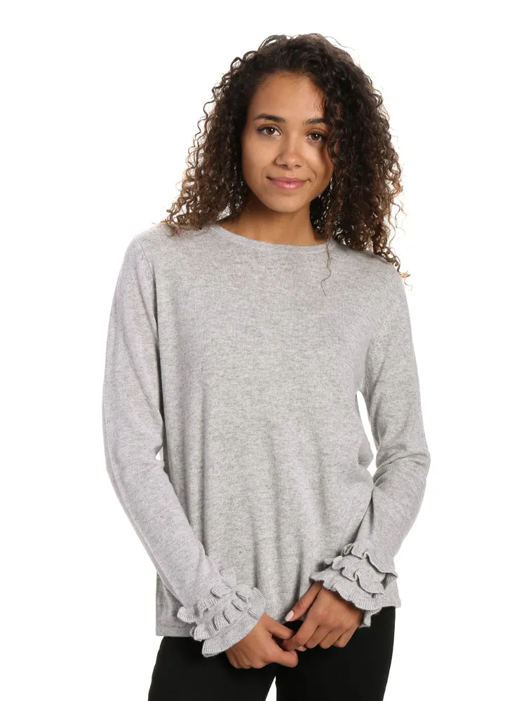 Women's 100% Cashmere Crew Neck Sweater with Ruffle Sleeve