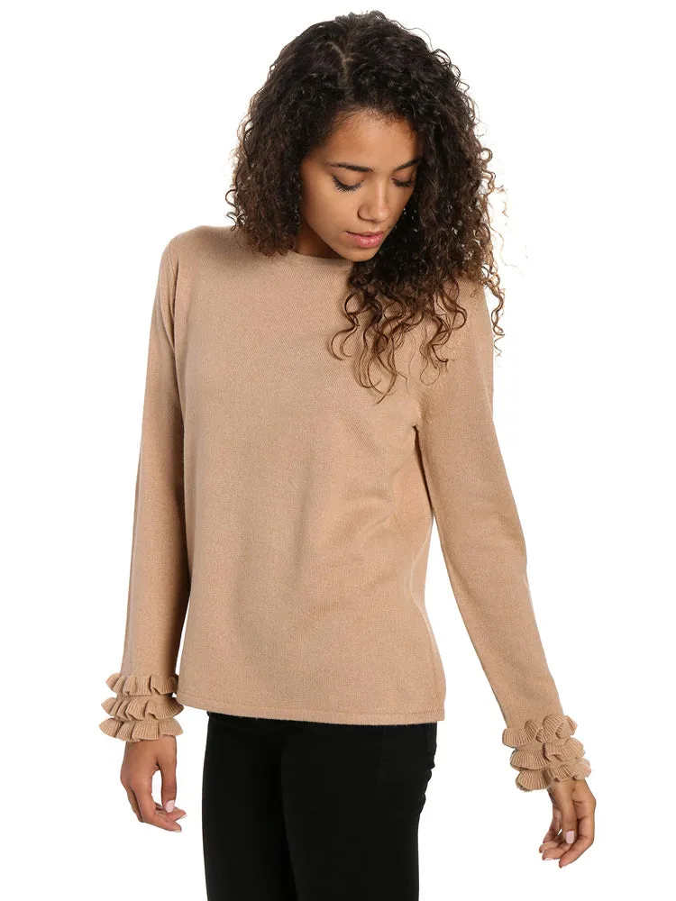 Women's 100% Cashmere Crew Neck Sweater with Ruffle Sleeve