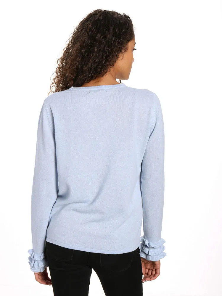 Women's 100% Cashmere Crew Neck Sweater with Ruffle Sleeve