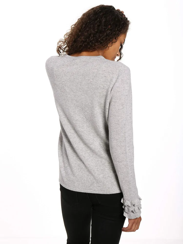 Women's 100% Cashmere Crew Neck Sweater with Ruffle Sleeve