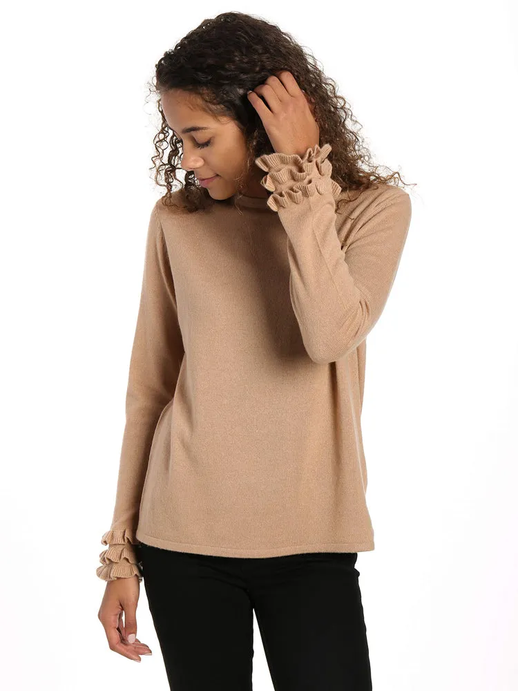 Women's 100% Cashmere Crew Neck Sweater with Ruffle Sleeve