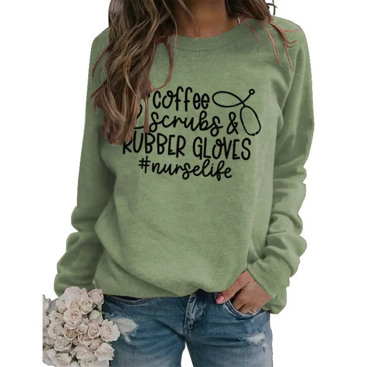 Women's Long-sleeved Coffee Scrubs Print Loose Sweatshirt