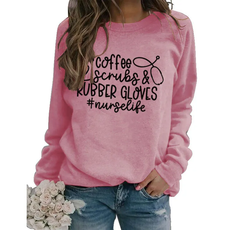 Women's Long-sleeved Coffee Scrubs Print Loose Sweatshirt