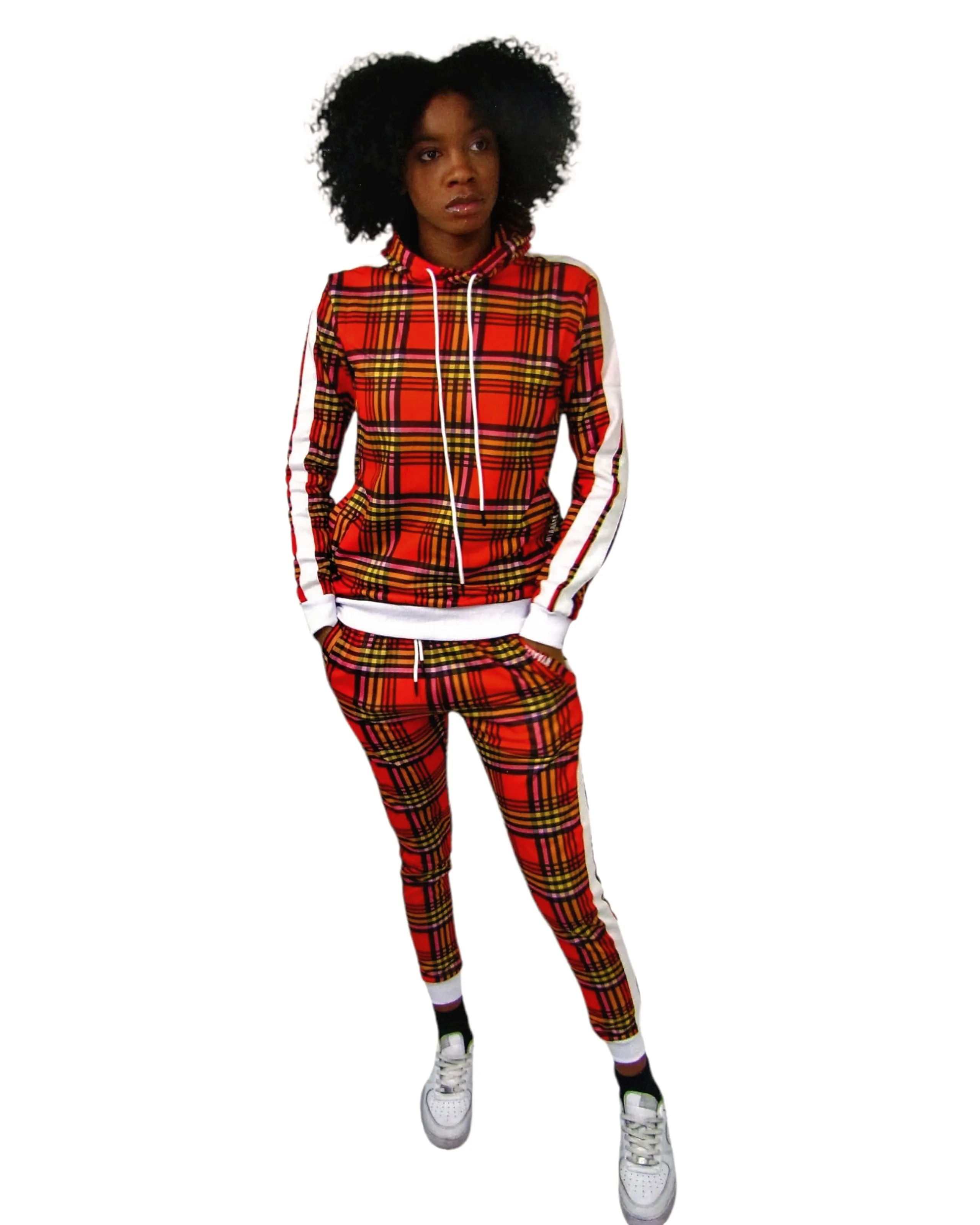 Women’s Slim-Fit Red Stripe Tracksuit Set – Bold & Comfortable Two-Piece Outfit