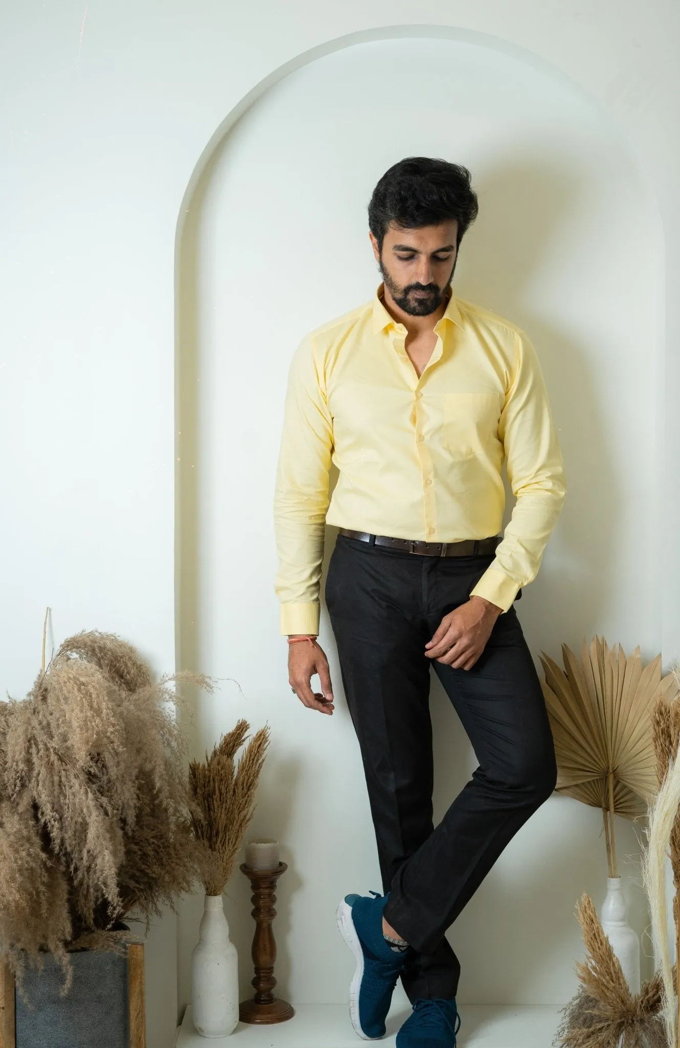 Yellow Color Twitter Lining Blende Cotton Shirts For Men